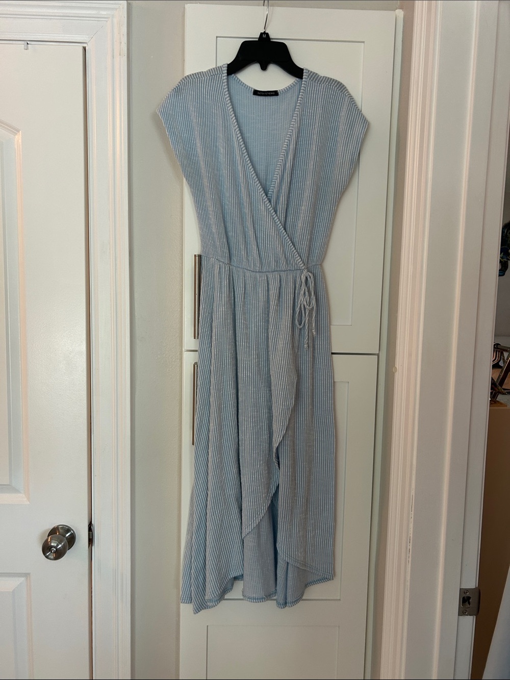 Caution To The Wind Light Blue & White Striped Wrap High-Low Dress